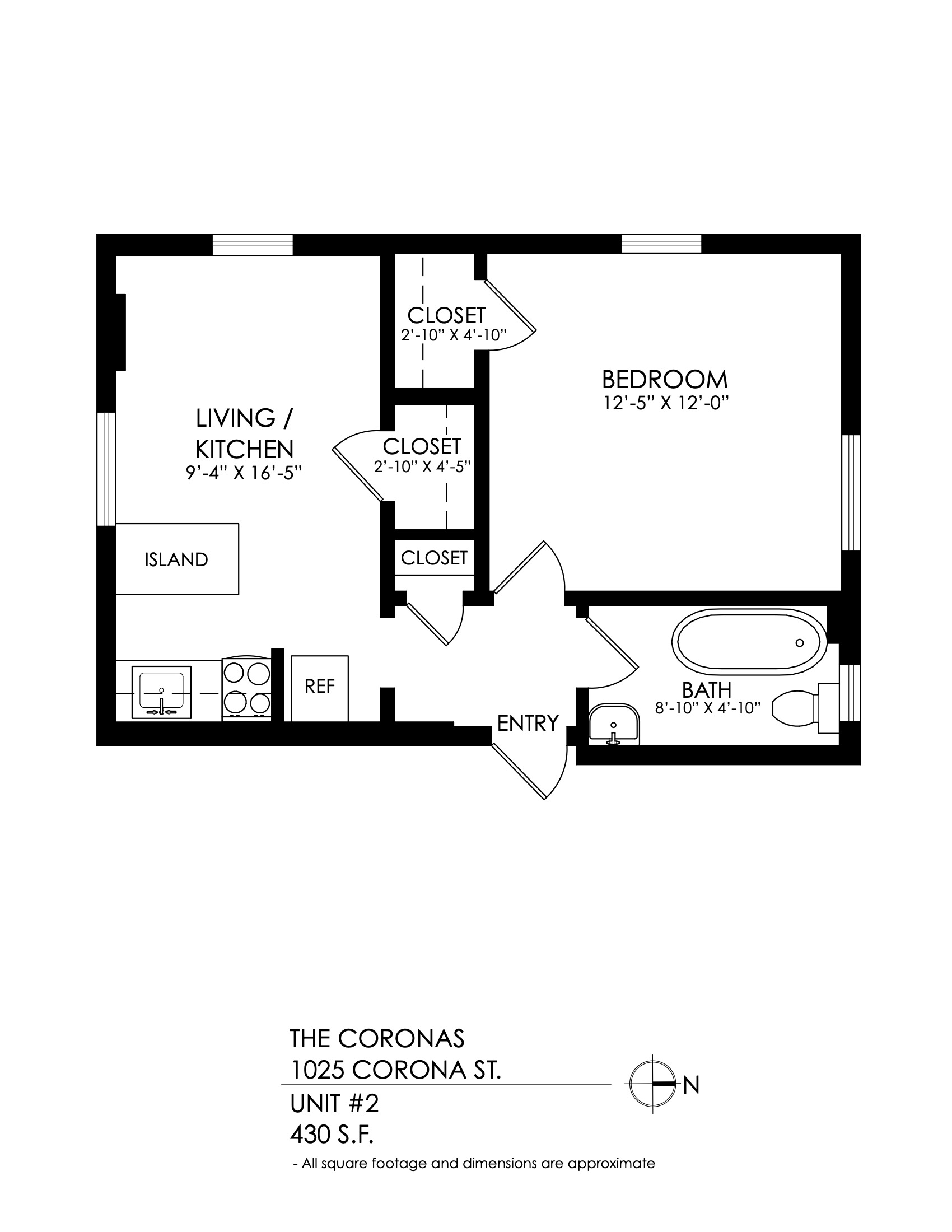 Floor plan for 1 bed, 1 bath, 485 sqft